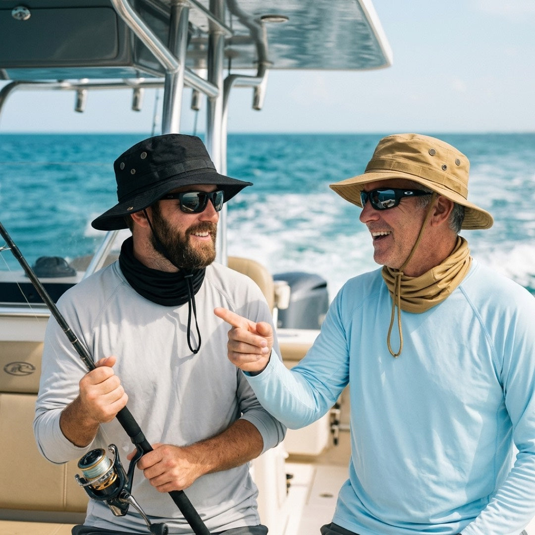 Two friends on a boat wearing the black and the khaki ESCUDO