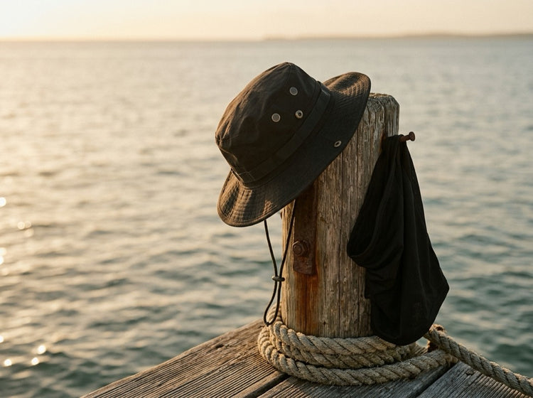 El sombrero ESCUDO colgado en un muelle al atardecer